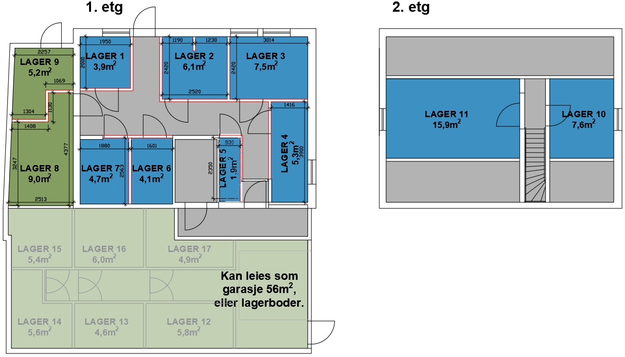 Plantegning over Kirkevegen Minilager — 1. og 2. etasje
